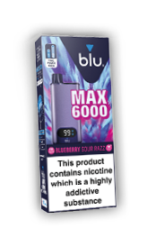 A box of blu MAX 6000 blueberry sour razz flavored nicotine product with a digital display and a warning about nicotine addiction. Description generated by AI
