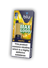 A box of blu MAX 6000 disposable vape in pineapple flavor with a nicotine warning label and a digital display showing battery percentage. Description generated by AI