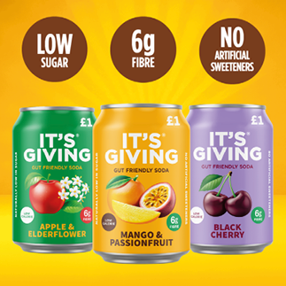 Three colorful cans of gut friendly soda labeled as low sugar, high fiber, and containing no artificial sweeteners with flavors apple and elderflower, mango and passionfruit, and black cherry. Description generated by AI