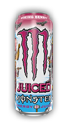A close-up of a can with a pink and white gradient background featuring the words “Viking Berry" and a stylized claw-like design with an eagle above it. Description generated by AI