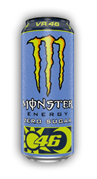 A blue can of Monster Energy Zero Sugar featuring the VR46 logo and a large yellow and black number 46 with a sunburst design. Description generated by AI
