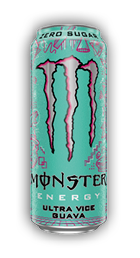 A turquoise can of Monster Energy drink labeled Ultra Vice Guava with a large stylized M logo and the words Zero Sugar at the top. Description generated by AI