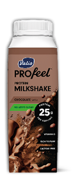 A carton of Valio PROfeel protein milkshake in chocolate flavor with 25 grams of protein per serving, labeled as no added sugar, vitamin D, rich texture, and lactose free. Description generated by AI