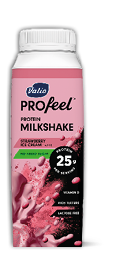 A pink Valio PROfeel protein milkshake bottle with strawberry ice cream flavor, highlighting 25 grams of protein per serving, no added sugar, vitamin D, rich texture, and lactose-free features. Description generated by AI