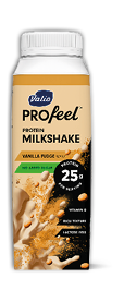 A carton of Valio PROfeel protein milkshake in vanilla fudge flavor with no added sugar, highlighting 25 grams of protein per serving, vitamin D, rich texture, and lactose-free features. Description generated by AI
