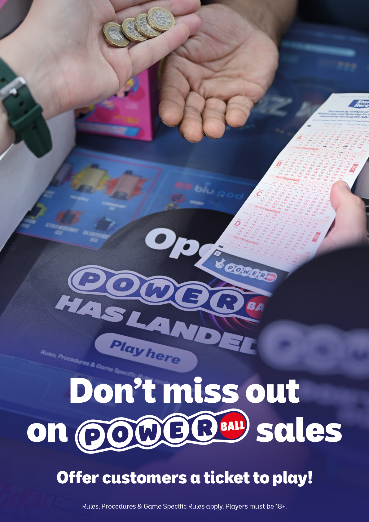 A person is holding coins while another person holds a lottery ticket over a promotional display for Powerball sales encouraging customers to play. Description generated by AI