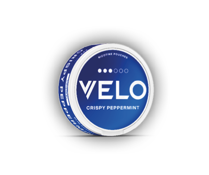 A blue and white round container labeled VELO Crispy Peppermint with a nicotine pouch warning on the lid. Description generated by AI