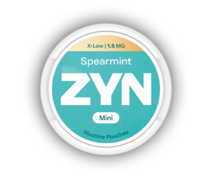 A round container labeled ZYN Mini with spearmint flavor and nicotine pouches, indicating a low nicotine strength of 1.5 mg. Description generated by AI