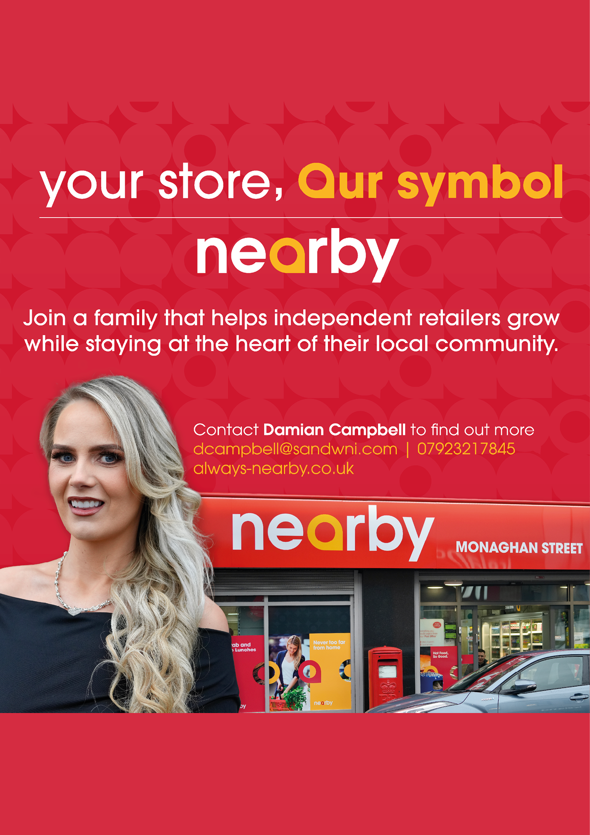 A person with long wavy hair wearing a black off-shoulder top stands in front of a store with a red sign that reads “nearby" and promotional text encouraging independent retailers to join a local community network. Description generated by AI