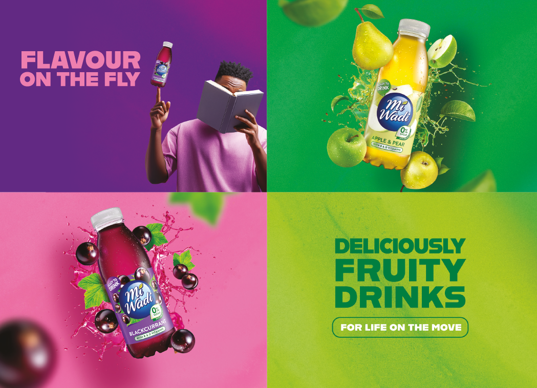 A person in a purple shirt reads a book while holding a bottle of MiWadi drink with vibrant backgrounds featuring bottles of apple and pear and blackcurrant flavored MiWadi drinks and text promoting fruity drinks for life on the move. Description generated by AI