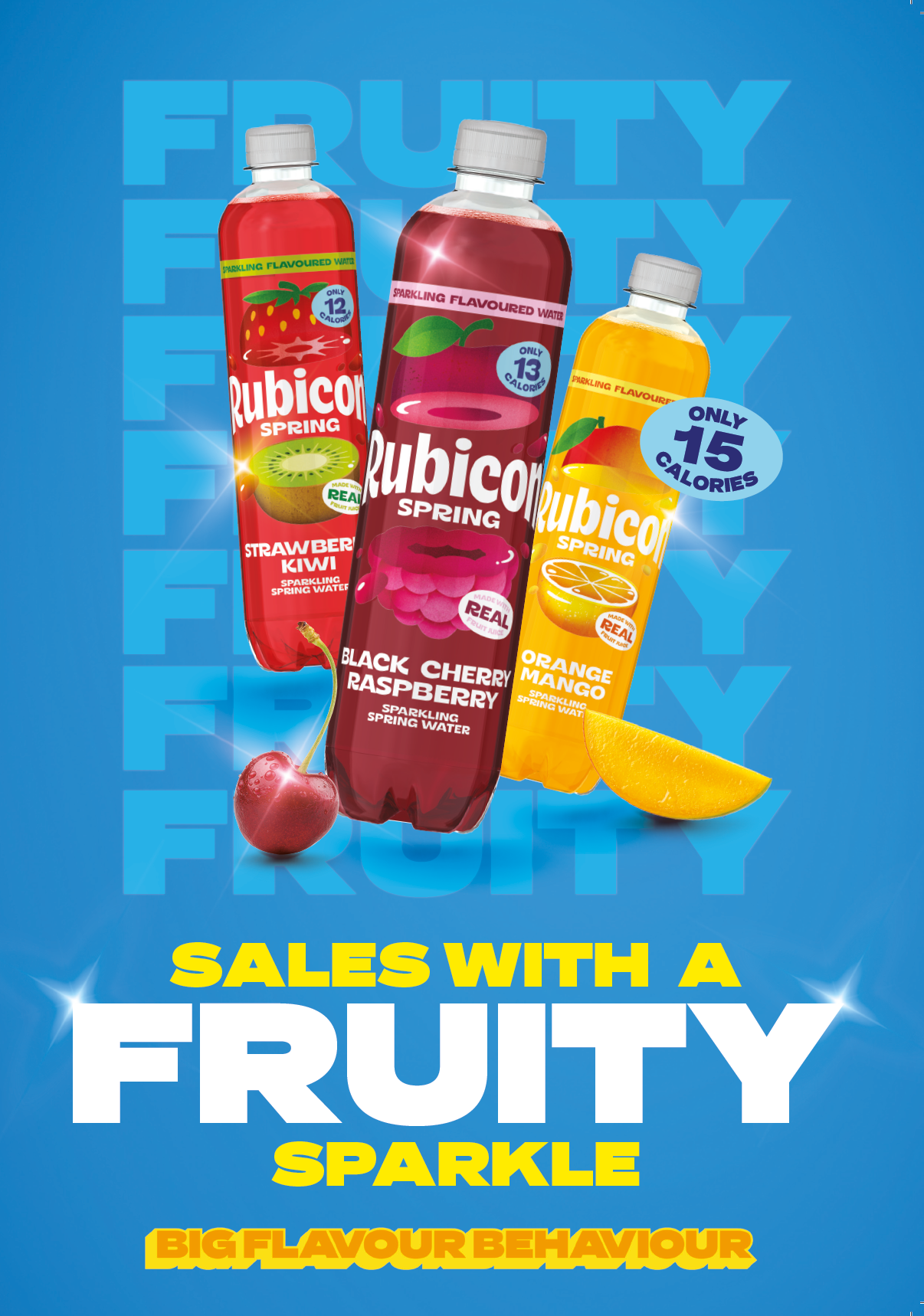 Three colorful bottles of Rubicon Spring fruit-flavored sparkling water with strawberry kiwi, black cherry raspberry, and orange mango flavors are displayed against a blue background with the text promoting a fruity sparkle and low calorie content. Description generated by AI