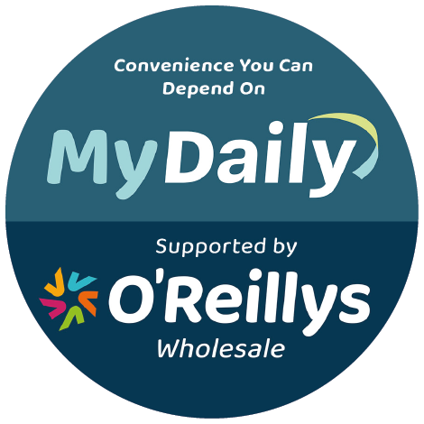 A storefront and signage for MyDaily featuring everyday essentials, lottery, paypoint, card payment, and ATM services. Description generated by AI
