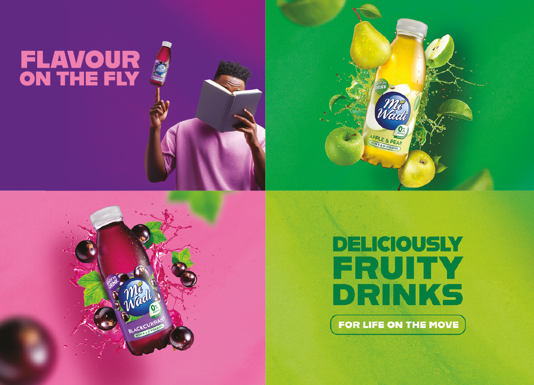 A person in a purple shirt reads a book while holding a bottle of MiWadi drink with vibrant backgrounds featuring bottles of apple and pear and blackcurrant flavored MiWadi drinks and text promoting fruity drinks for life on the move. Description generated by AI