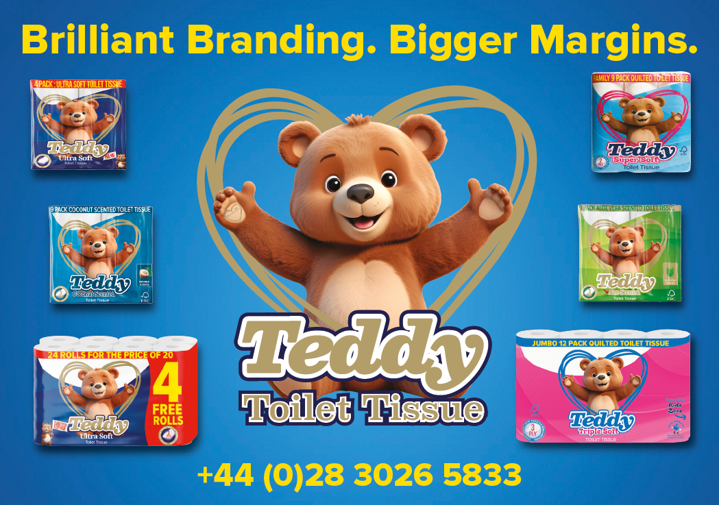 A cheerful cartoon teddy bear with open arms is centered on a blue background surrounded by various colorful packages of Teddy Toilet Tissue with the slogan Brilliant Branding Bigger Margins and a contact phone number. Description generated by AI