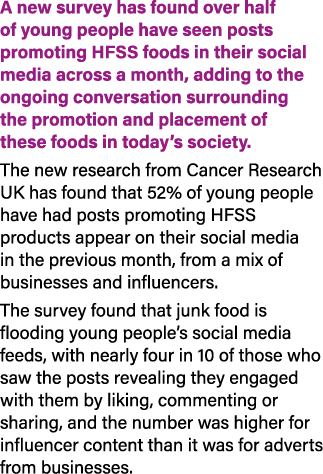 A new survey has found over half of young people have seen posts promoting HFSS foods in their social media across a ...