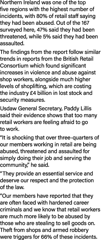 Northern Ireland was one of the top five regions with the highest number of incidents, with 80% of retail staff sayin...