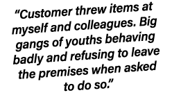 “Customer threw items at myself and colleagues. Big gangs of youths behaving badly and refusing to leave the premises...