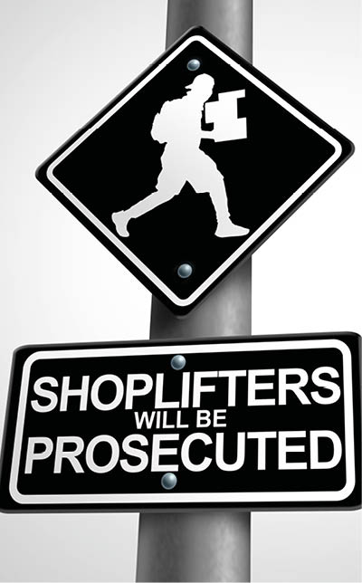 Shoplifting and Shoplifters as Retail crime theft problem to shoplift stores as a criminal shoplifter stealing merchandise from a retailer as larceny and prosecution as a 3D illustration.