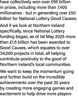 have collectively won over £95 billion in prizes, including more than 7,400 millionaires but in generating over £50 b...