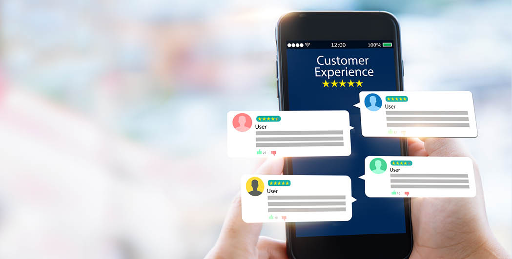 customer experience,review concept.Hands holding mobile phone