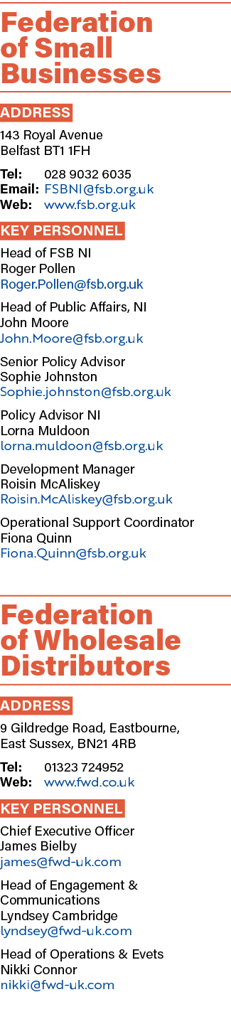 Federation of Small Businesses ADDRESS 143 Royal Avenue Belfast BT1 1FH Tel: 028 9032 6035 Email: FSBNI@fsb.org.uk We...