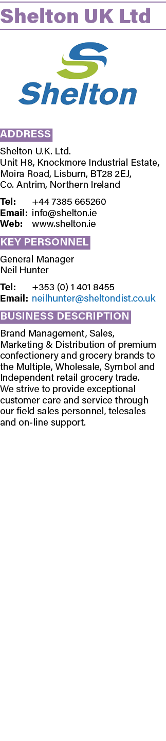 Shelton UK Ltd ￼ Address Shelton U.K. Ltd. Unit H8, Knockmore Industrial Estate, Moira Road, Lisburn, BT28 2EJ, Co. A...