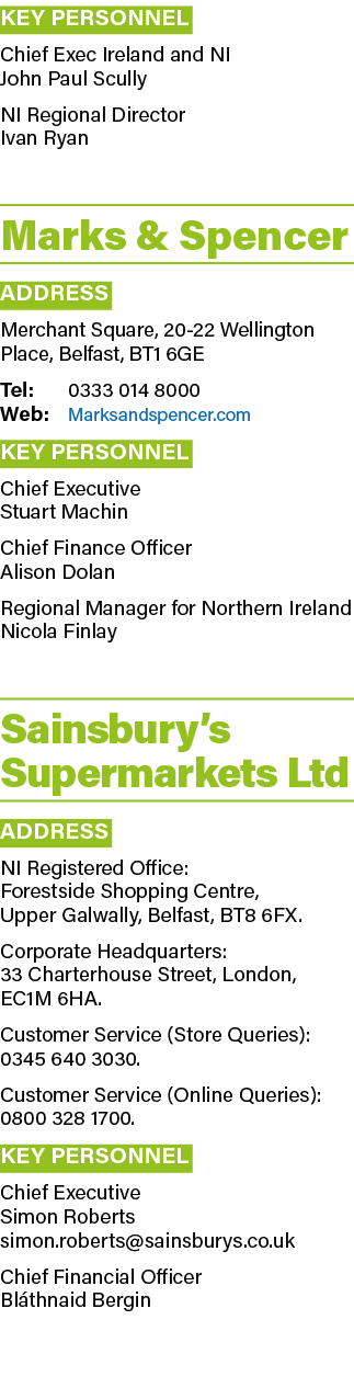 Key Personnel Chief Exec Ireland and NI John Paul Scully NI Regional Director Ivan Ryan Marks & Spencer Address Merch...