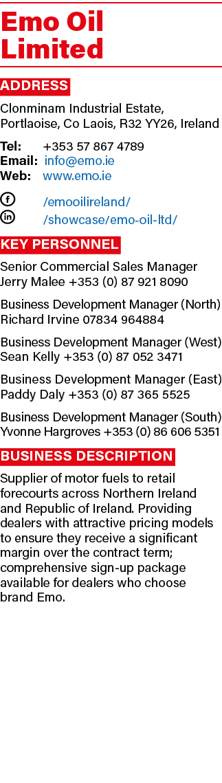 Emo Oil Limited Address Clonminam Industrial Estate, Portlaoise, Co Laois, R32 YY26, Ireland Tel: +353 57 867 4789 Em...