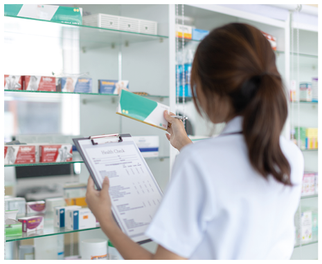 Pharmacist women are supplying prescription drugs to customers, Pharmacists work in a pharmacy, Drug store shelf with prescription medication, Clipboard at the hospital pharmacy, Community Pharmacy.
