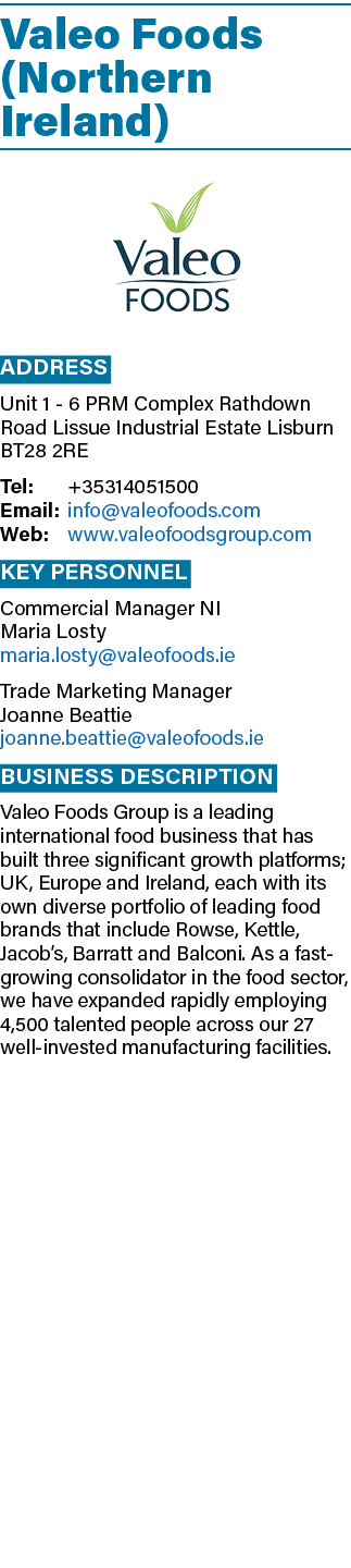 Valeo Foods (Northern Ireland) ￼ Address Unit 1 6 PRM Complex Rathdown Road Lissue Industrial Estate Lisburn BT28 2RE...