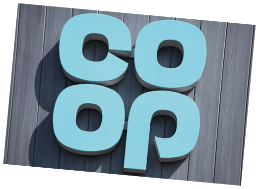 Burry Port, Wales, UK, July 1, 2017 : Co Op logo advertising sign outside one of  its retail supermarket stores in the town centre