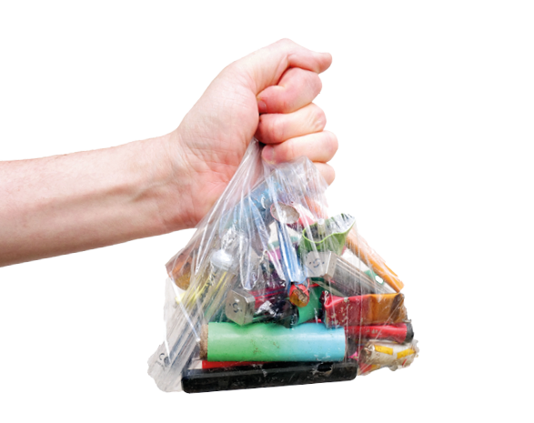 A bag full of discarded electronic cigarette vapes is being held by a white male in front of a white wall.