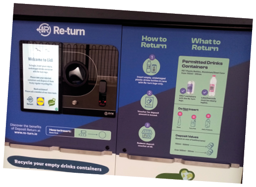 28th February 2024, Dublin, Ireland. New plastic bottle deposit re-turn point recyclable machine, offering empty bottle deposit refund vouchers outside Lidl supermarket. 