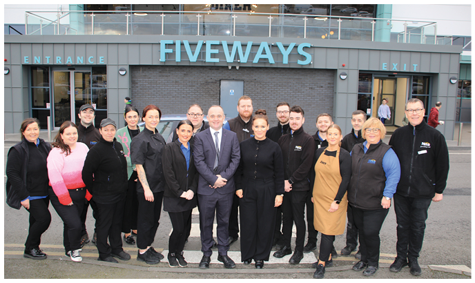 Managers Declan Byrne and Helen Meehan and a few of the staff who could leave their posts in this busy supermarket welcome all customers to come to the store for an enjoyable shopping experience. at FIIVEWAYS