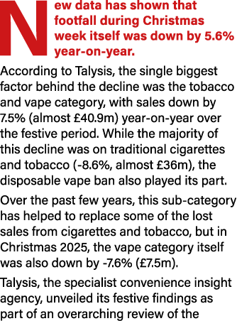New data has shown that footfall during Christmas week itself was down by 5.6% year on year. According to Talysis, th...