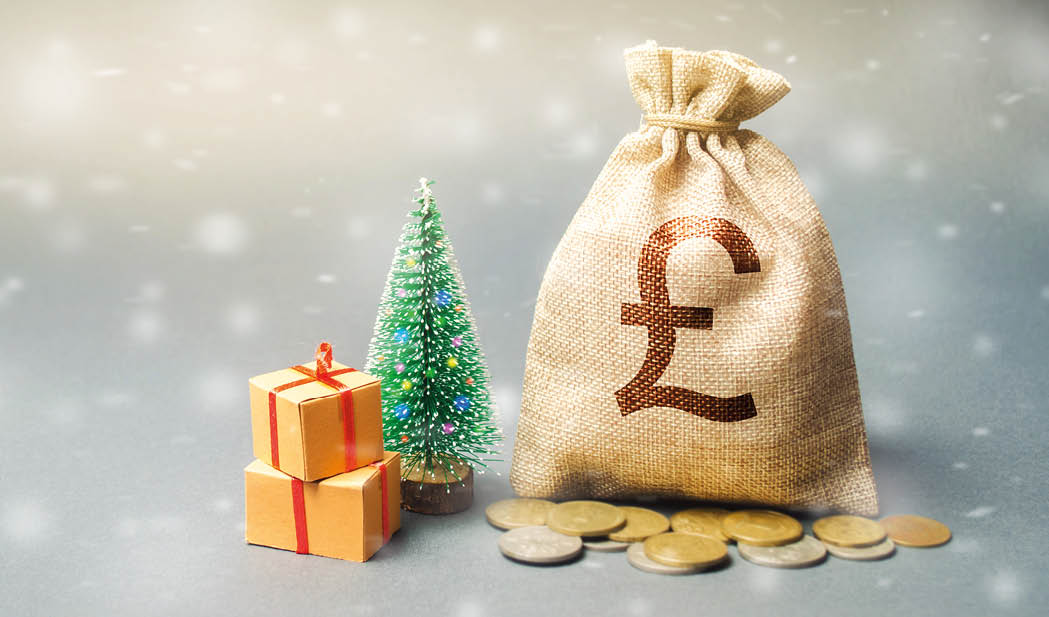 Money bag with coins and snowfall with tree. Business and finance. Loans, deposit, credit. New Year promotions and Christmas. Accumulation of money. Savings. Winter season. Pound sterling