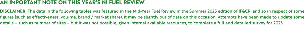 An important note on this year’s NI Fuel Review: Disclaimer: The data in the following tables was featured in the Mid...