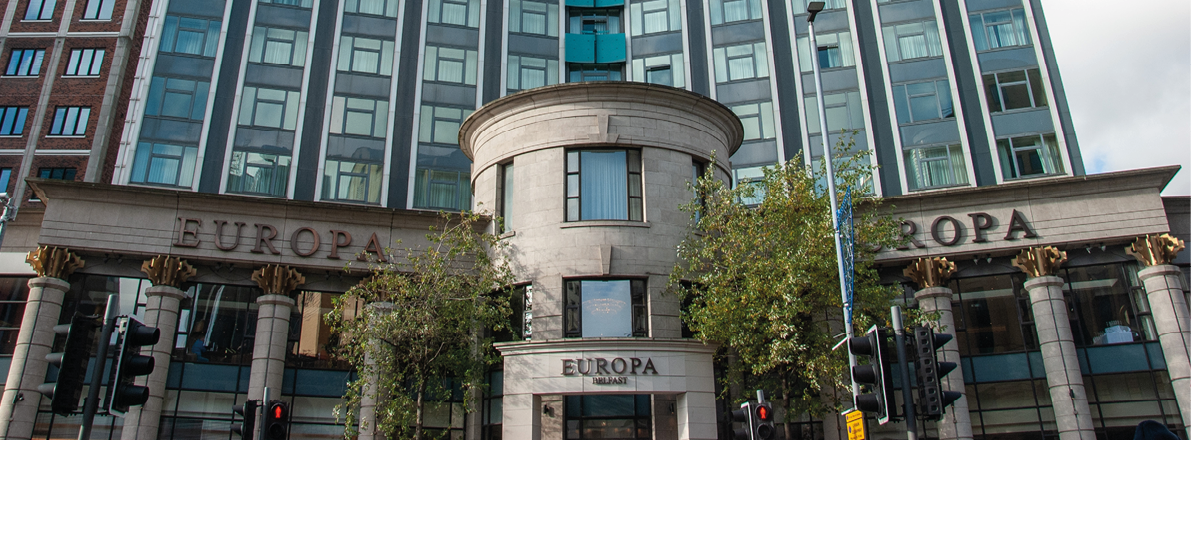Belfast, UK – October, 30, 2019 – Facade view of the four-star Europa Hotel on Great Victoria Street, Belfast, Northern Ireland