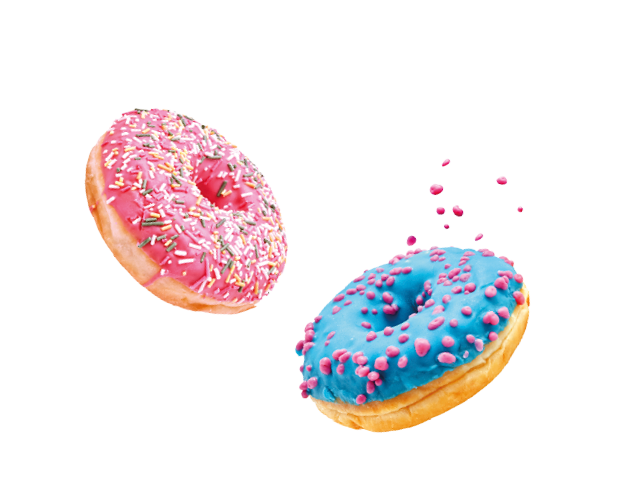 Fresh sweet donuts in motion with multicolored fruit glaze and sprinkles decorated. Fast sweet food concept, bakery ad design elements with glazed frosted falling doughnuts isolated, white background