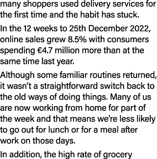 many shoppers used delivery services for the first time and the habit has stuck. In the 12 weeks to 25th December 202...