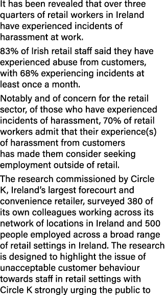 It has been revealed that over three quarters of retail workers in Ireland have experienced incidents of harassment a...