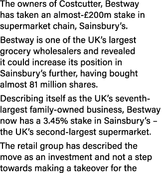 The owners of Costcutter, Bestway has taken an almost £200m stake in supermarket chain, Sainsbury’s. Bestway is one o...