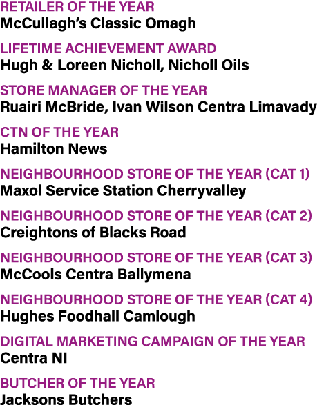 Retailer of the Year McCullagh’s Classic Omagh Lifetime Achievement Award Hugh & Loreen Nicholl, Nicholl Oils Store M...