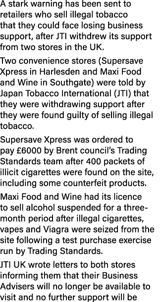 A stark warning has been sent to retailers who sell illegal tobacco that they could face losing business support, aft...