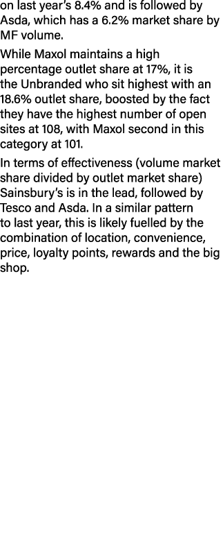 on last year’s 8.4% and is followed by Asda, which has a 6.2% market share by MF volume. While Maxol maintains a high...