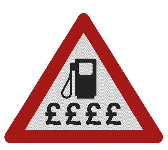 Photo realistic reflective metallic 'expensive fuel' sign, isolated on a pure white background.