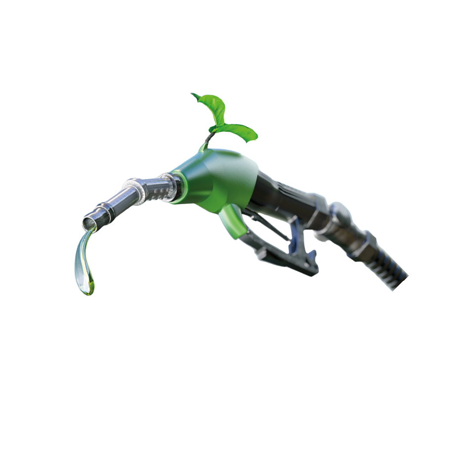 Gas pump nozzle with gasoline or biofuel drop and growing green sprout symbolising environmental friendliness, isolated. Ecological biofuel concept. 3D illustration