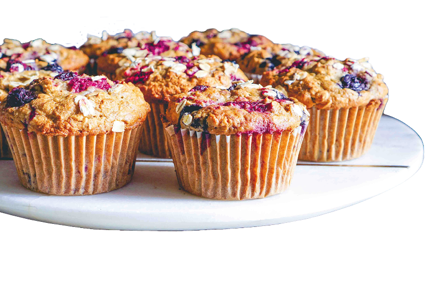 Vegan Gluten-free Oatmeal Banana Muffins with Mixed Berries. Healthy Dessert, Pastry. Selective Focus, toning.