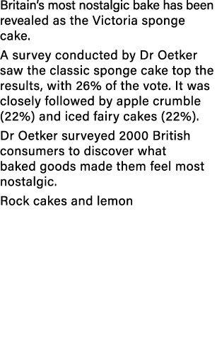 Britain’s most nostalgic bake has been revealed as the Victoria sponge cake. A survey conducted by Dr Oetker saw the ...