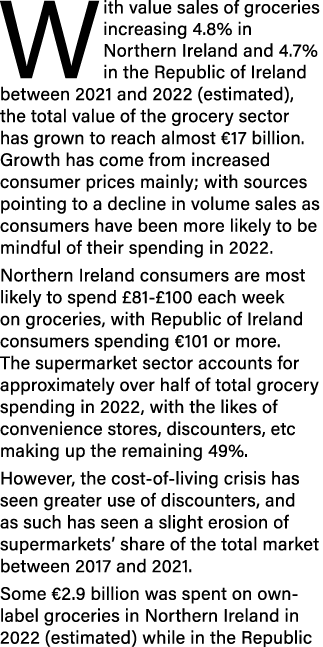 With value sales of groceries increasing 4.8% in Northern Ireland and 4.7% in the Republic of Ireland between 2021 an...